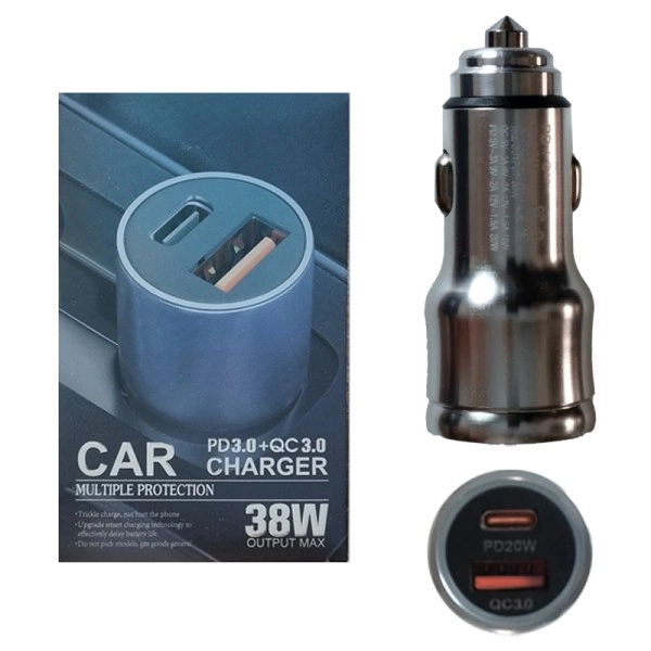 Автомобильное зарядное устройство 38W 4.8A PD QC3.0 USB-C+USB-A Metallic